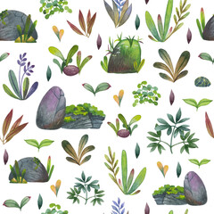 Hand-drawn seamless watercolor background with the summer forest plants and stones. Tender ornament for the invitations, fabrics, wallpapers.