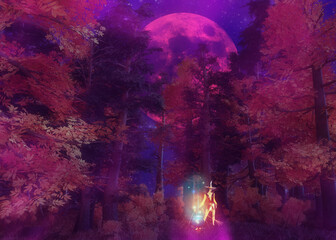 3D Night autumn forest and witch