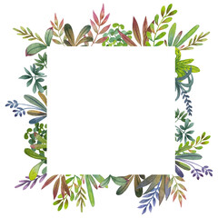 Decorative frame with the leaves in the watercolor style. Bright green  frame for postcard, web design or post in social networks.