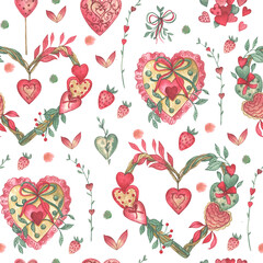 Nice seamless pattern for wedding or Valentine's Day. The colorful ornament with the cute hearts and green leaves.