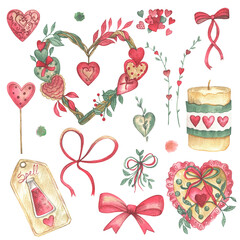 Romantic watercolor illustration for wedding or Valentine's Day. The colorful ornament with the cute hearts, leaves, candles.  