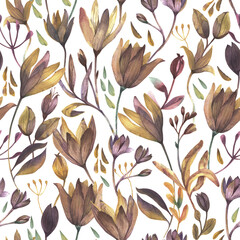 A beautiful pattern of lilies and plants made by hand in watercolors. Seamless ornament for wrapping paper or product design.