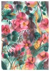 Colorful watercolor illustration with lilies and plants. Delicate colors and beautiful texture of watercolor paper.