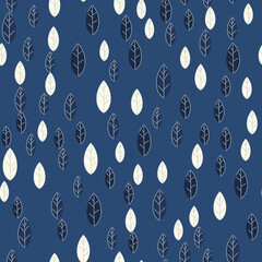 Seamless pattern of blue leaves on a dark background. Strict flat design. Geometric location. Natural eco motive. Printing on fabric, wrapping paper. Vector illustration
