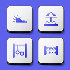 Set Slide playground, Sandbox with sand, Gymnastic rings and Education logic game icon. White square button. Vector