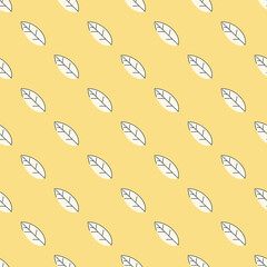 Seamless pattern of beige leaves on a yellow background. Strict flat design. Geometric location. Natural eco motive. Printing on fabric, wrapping paper. Vector illustration