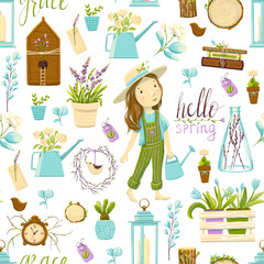 Spring pattern with a cute girl gardener and her plants.