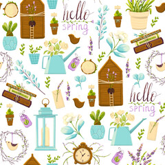 Spring pattern with gardener items and plants. Pastel colors in a fresh scale, heather, roses, books create the mood of a spring day.