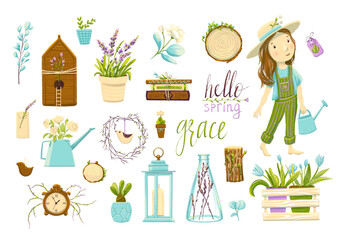 A set of illustrations about gardening with plants, tools and a cute girl. A kit for creating your own designs or patterns, perfect for printing on postcards or packaging.