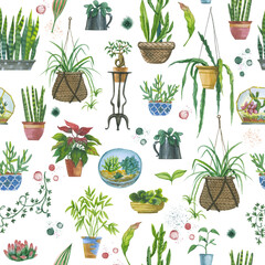Hand drawn watercolor illustration for wrapping paper, product design or post cards. Fresh pattern of indoor plants in pots. 