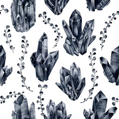 Seamless pattern of crystals and plant branches. A hand-drawn watercolor illustration is good for wrapping paper, printing on postcards or fabric.