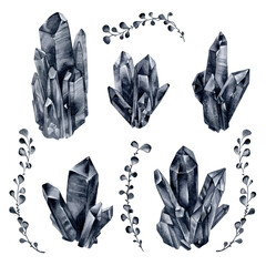 Set of elements with crystals and plant branches. A hand-drawn watercolor illustration is good for wrapping paper, printing on postcards or fabric.