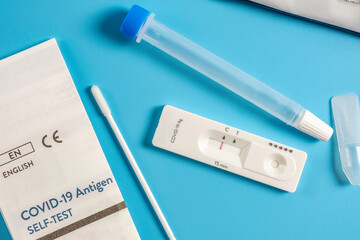 Covid-19 antigen rapid test on blue background.