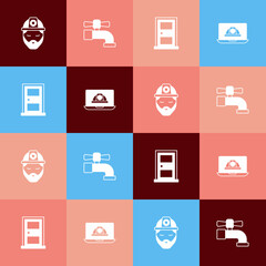 Set pop art Builder, Water tap, Closed door and Worker safety helmet icon. Vector