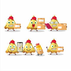 Cartoon character design of slice of lemon tart working as a courier