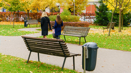 Two girlfriends are walking in the autumn city park on a cloudy day