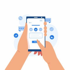Customer sending feedback on mobile phone, hands holding smartphone online review