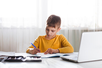 child boy is using a laptop and study online with video call teacher at home. homeschooling, distant learning 