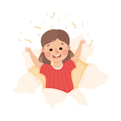 Cheerful Girl Looking Through Torn Paper Hole with Confetti Explosion Vector Illustration