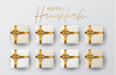 Happy Hanukkah. Traditional Jewish holiday celebration. Chankkah banner background design concept. Judaic religion decor - gift boxes with golden ribbon. Vector illustration.