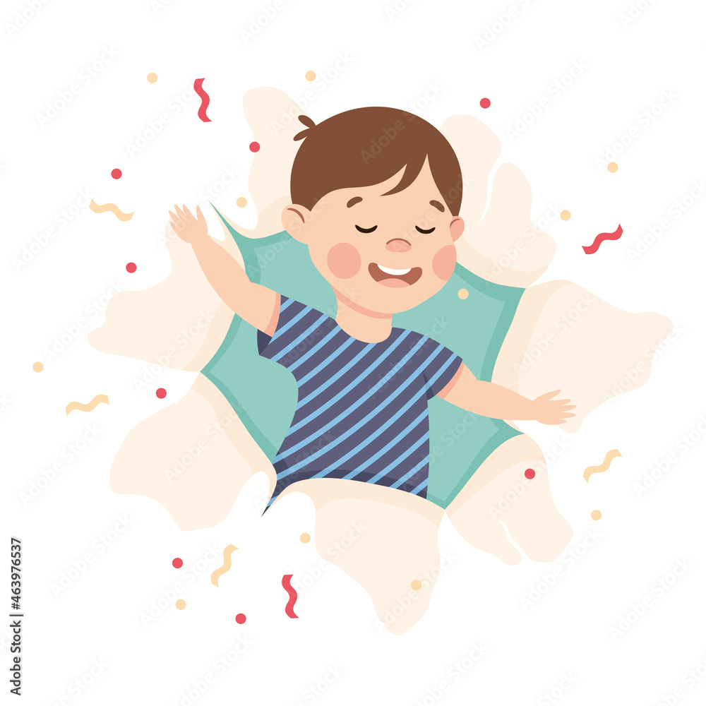 Sticker Cheerful Boy Looking Through Torn Paper Hole with Confetti Explosion Vector Illustration