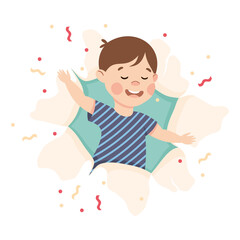 Cheerful Boy Looking Through Torn Paper Hole with Confetti Explosion Vector Illustration