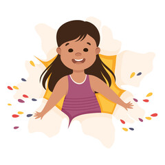 Cheerful Girl Looking Through Torn Paper Hole with Confetti Explosion Vector Illustration