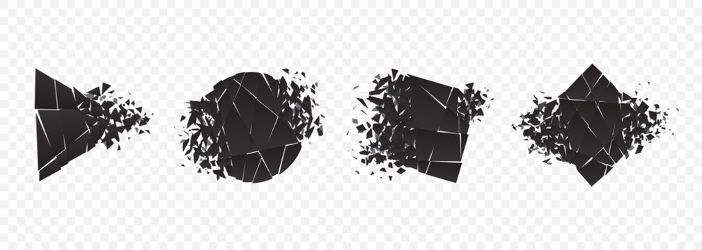 Shape explosion broken and shattered flat style design vector illustration set isolated on transparent background. Square, rhombus, circle, triangle shapes in grayscale gradient exploding demolition.
