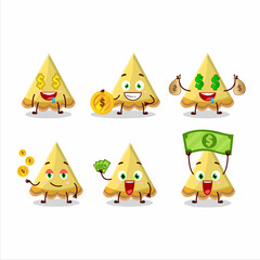 Slice of lemon tart cartoon character with cute emoticon bring money
