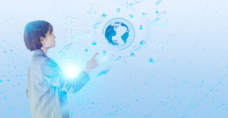 白い背景とグローバルイメージのビジネスウーマン