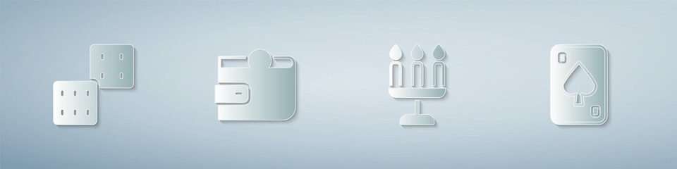 Set Game dice, Wallet, Candlestick and Playing cards. Paper art style. Vector