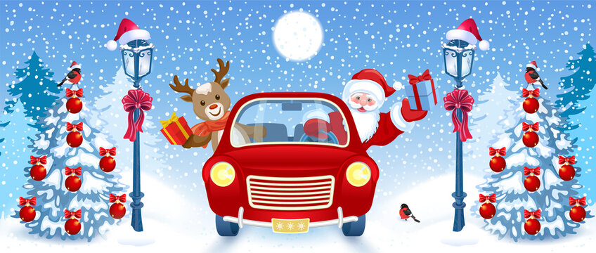 Christmas card with Santa Claus and deer in red vintage car with gift box against winter forest background. New Year design postcard in retro style.