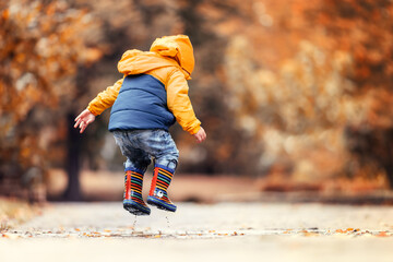 Happy little kid boy jumping on rainy puddle in autumn park