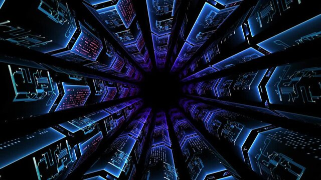 Abstract background 3D animation futuristic cyberspace, technological elements, snippets of digital data rotating in a space.