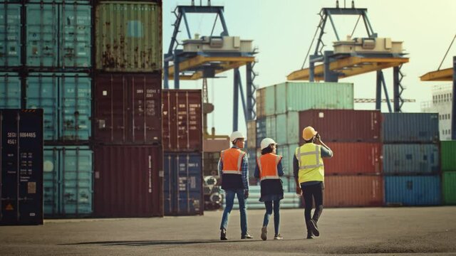 Team of Diverse Industrial Engineers, Safety Supervisors and Foremen in Hard Hats and Vests Walking in Container Terminal. Colleagues Talk About Logistics. VFX Gantry Cranes Work in the Background.