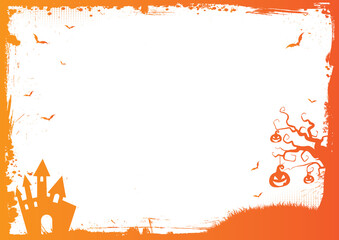 Obraz premium Halloween vector gradient orange background with grunge border, bat, pumpkin