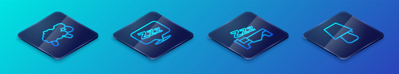 Set Isometric line Time to sleep, Sheep, Table lamp and Sleepy icon. Vector