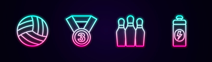 Set line Volleyball ball, Medal, Bowling pin and Fitness shaker. Glowing neon icon. Vector