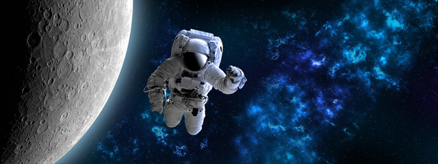 Astronaut in outer space near moon, which is behind. Blue beautiful nebula.Elements of this image...
