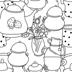 Seamless black and white pattern. Tea drinking illustration.