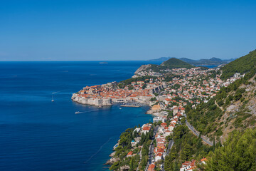 Naklejka na ściany i meble Aerial view of the old town Dubrovnik, blue sea and mountains, Croatia