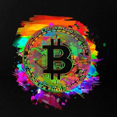 Poster Colored Bitcoin logo with colorful abstract splatters on white background © reznik_val