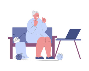 An elderly woman with knitting looks into a laptop. Modern technologies for seniors. Vector illustration in flat style.