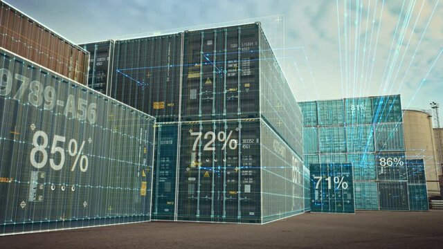 VFX Concept: Augmented Reality Visualization Creating 3D Graphics Over Shipping Containers in the Terminal. Futuristic Animation Effect Shows Online Connectivity of Every Unit to the Logistics Center.