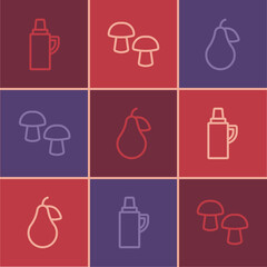 Set line Thermos container, Pear and Mushroom icon. Vector