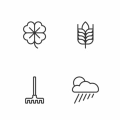 Set line Cloud with rain and sun, Garden rake, Four leaf clover and Wheat icon. Vector