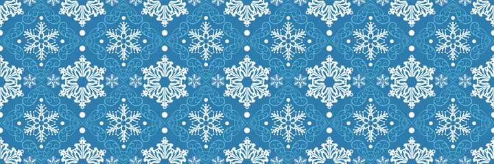 Tragetasche Christmas background pattern with decorative snowflakes on blue backdrop. Seamless background for wallpaper, textures. Vector image © PETR BABKIN