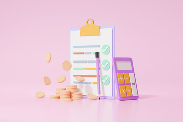 Economics education concept. calculator, coins, Financial learning. transactions for Cost reduction saving money finance and business target planning. 3D render illustration