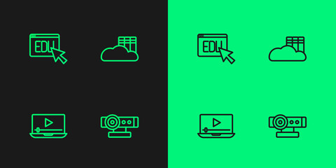 Set line Web camera, Online play video, education and Cloud or online library icon. Vector