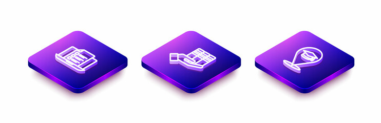 Set Isometric line Online quiz, test, survey, Book donation and education icon. Vector